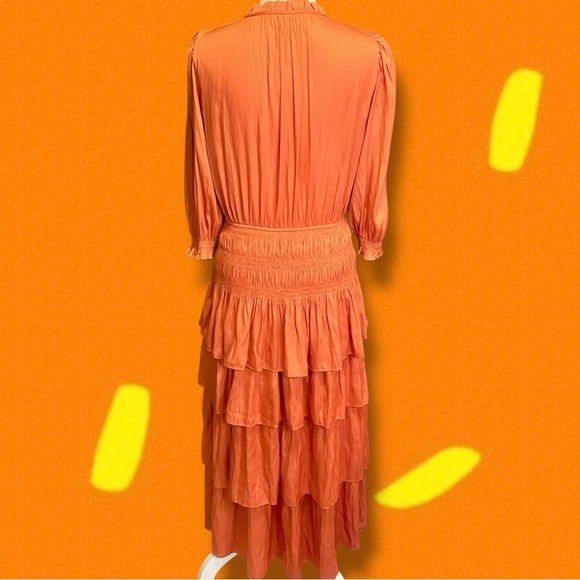 NWT Maje Orange ‘Radjinette’ Tiered Ruffle Satin Midi Dress French Size 42 = XL - Picture 10 of 16